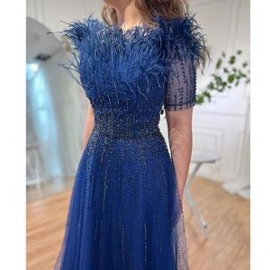 Luxury Beaded Embellished Blue Boat Neck Maxi Evening Dress with Feathers